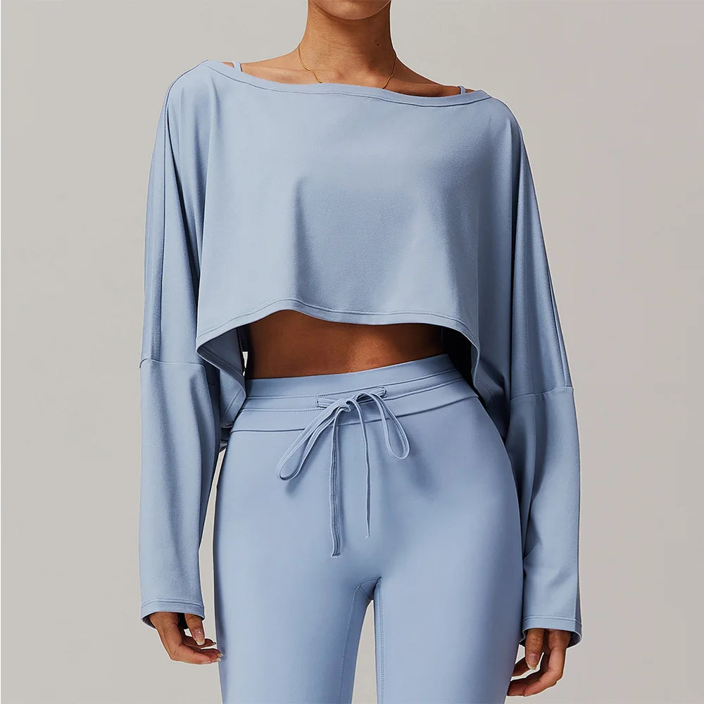 New Fitness Sports Long Sleeve Loose Top Women's One Shoulder Bat Sleeve Outerwear Casual