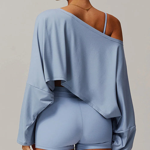 New Fitness Sports Long Sleeve Loose Top Women's One Shoulder Bat Sleeve Outerwear Casual