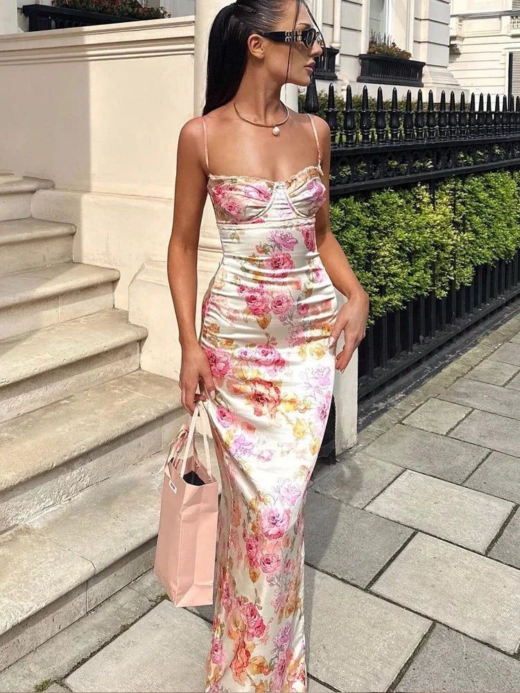 Suninheart Summer Spaghetti Strap Floral Print Party Dresses Elegant Maxi Bodycon