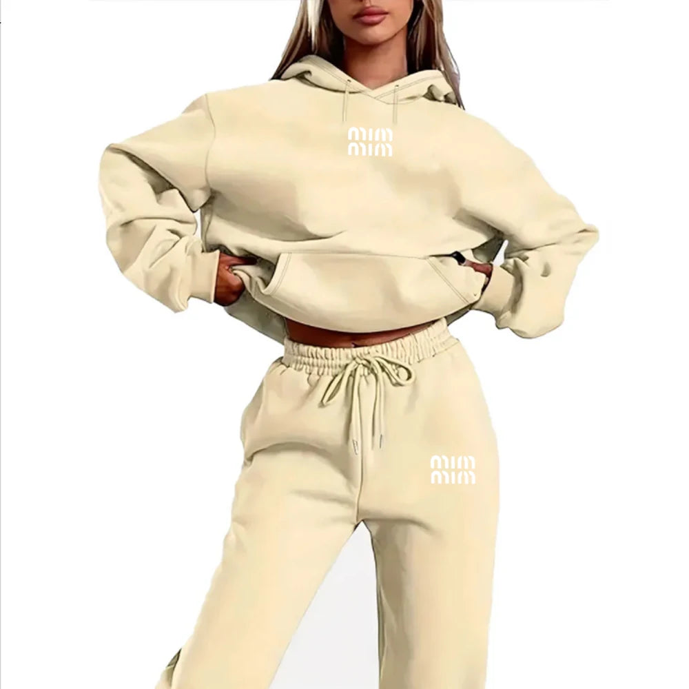 MM Printed Women's Two Piece Tracksuit Set Fashion Jogging Sweatshirt Suit with Drawstring Sports Hood Quality Fitness Outfi