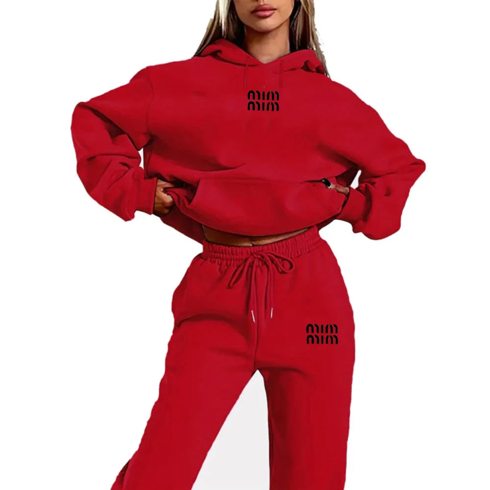 MM Printed Women's Two Piece Tracksuit Set Fashion Jogging Sweatshirt Suit with Drawstring Sports Hood Quality Fitness Outfi