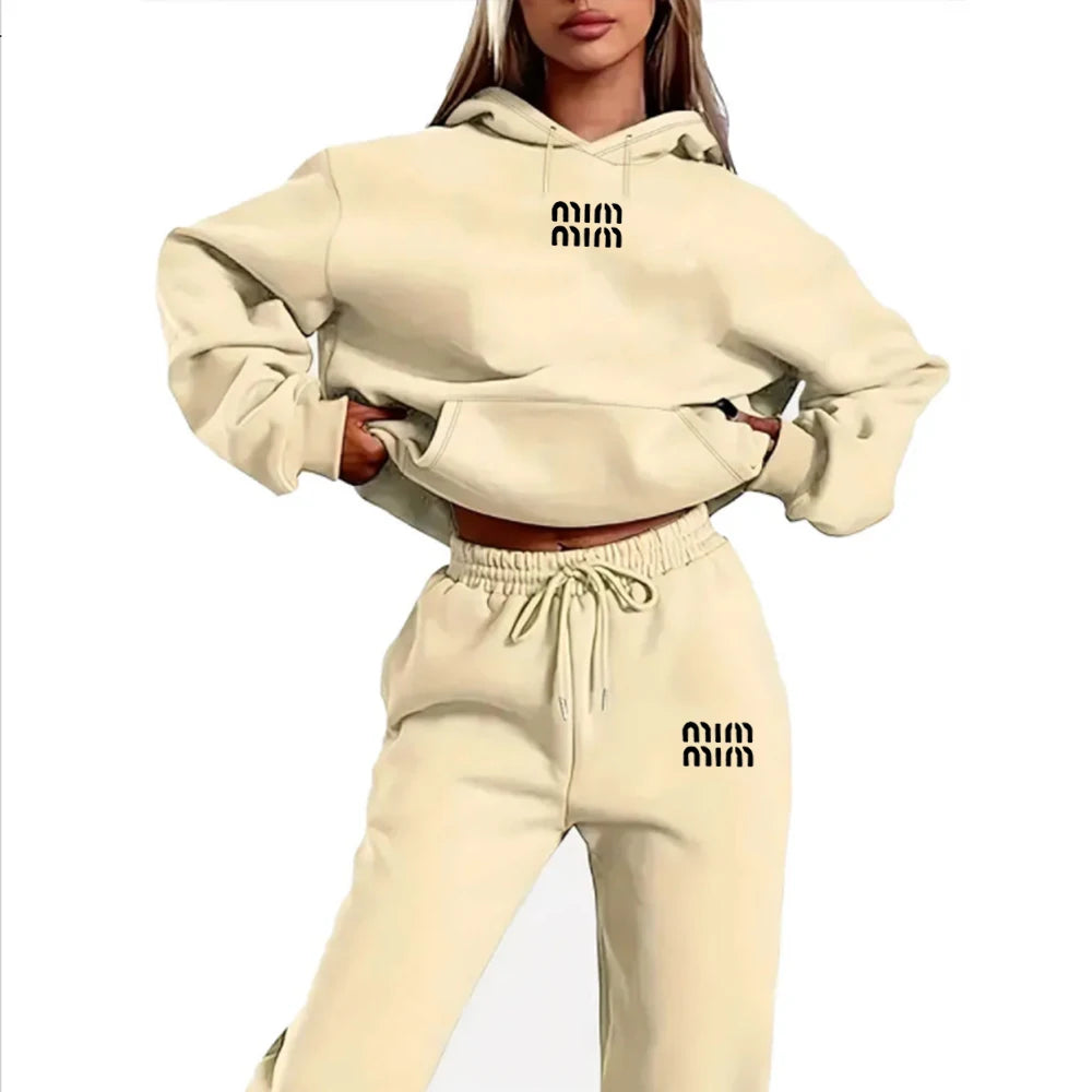 MM Printed Women's Two Piece Tracksuit Set Fashion Jogging Sweatshirt Suit with Drawstring Sports Hood Quality Fitness Outfi
