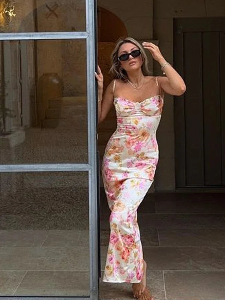 Suninheart Summer Spaghetti Strap Floral Print Party Dresses Elegant Maxi Bodycon