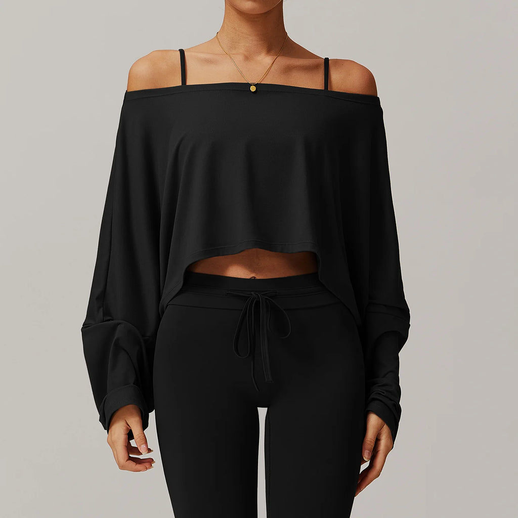 New Fitness Sports Long Sleeve Loose Top Women's One Shoulder Bat Sleeve Outerwear Casual
