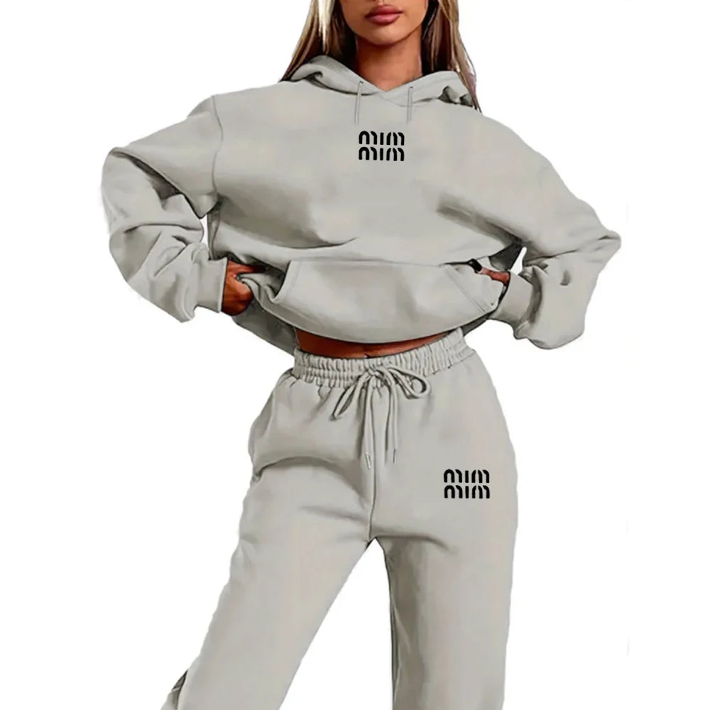 MM Printed Women's Two Piece Tracksuit Set Fashion Jogging Sweatshirt Suit with Drawstring Sports Hood Quality Fitness Outfi