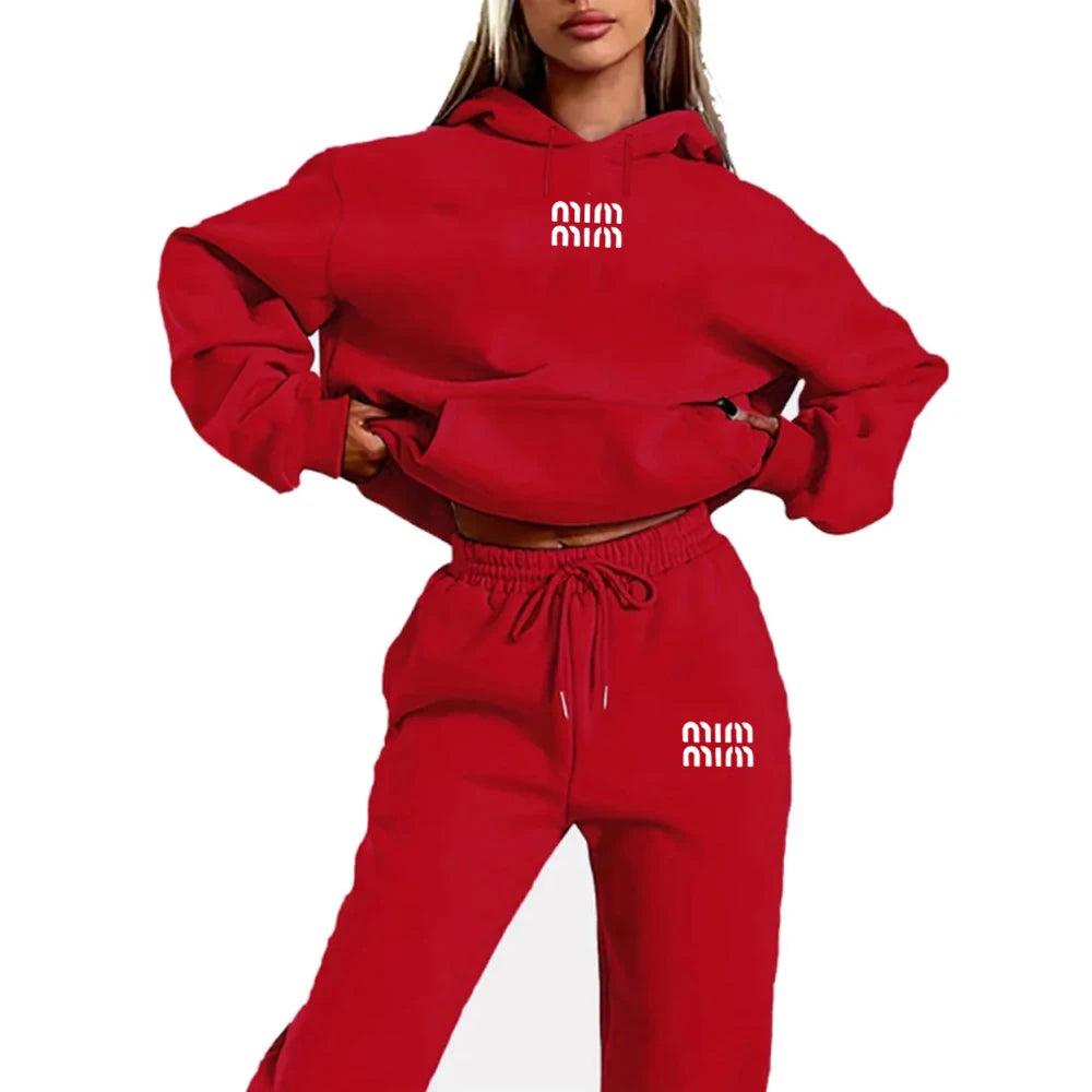 MM Printed Women's Two Piece Tracksuit Set Fashion Jogging Sweatshirt Suit with Drawstring Sports Hood Quality Fitness Outfi