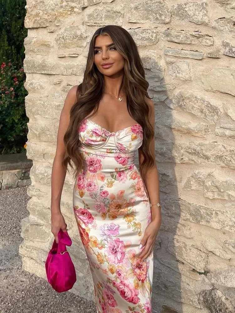 Suninheart Summer Spaghetti Strap Floral Print Party Dresses Elegant Maxi Bodycon