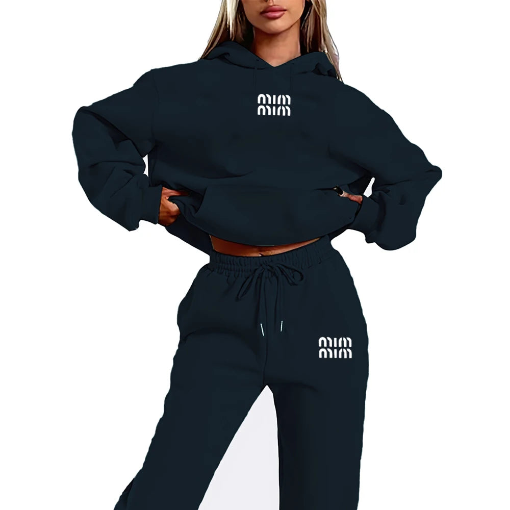 MM Printed Women's Two Piece Tracksuit Set Fashion Jogging Sweatshirt Suit with Drawstring Sports Hood Quality Fitness Outfi