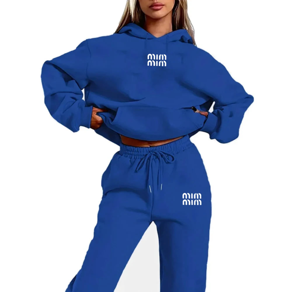 MM Printed Women's Two Piece Tracksuit Set Fashion Jogging Sweatshirt Suit with Drawstring Sports Hood Quality Fitness Outfi